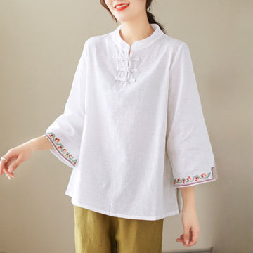 Casual Jacquard Frog-Button Women's Crew Neck Design Three Quarter Sleeve Cotton Linen Shirt