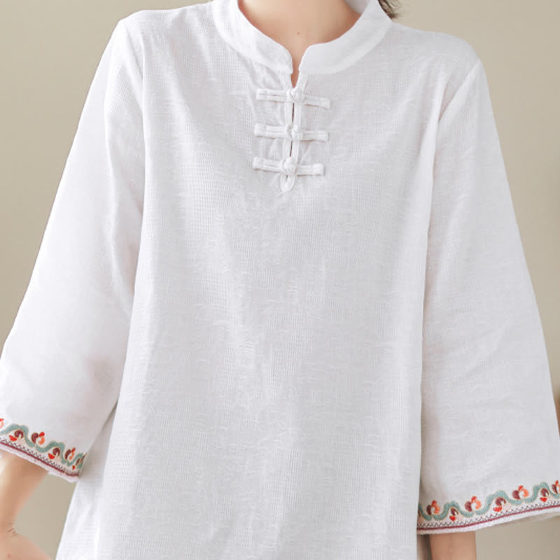 Casual Jacquard Frog-Button Women's Crew Neck Design Three Quarter Sleeve Cotton Linen Shirt