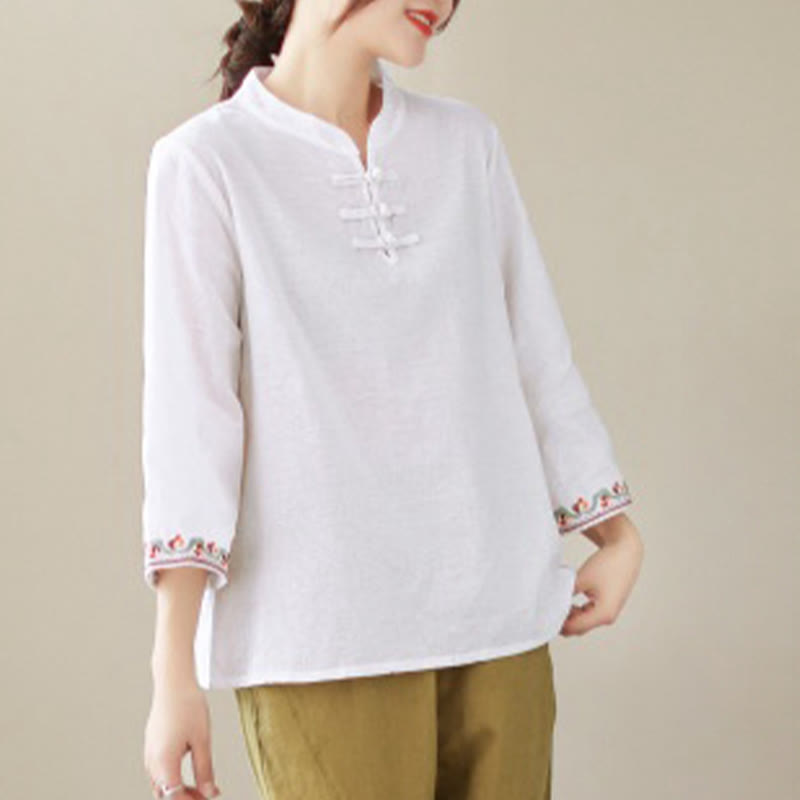 Casual Jacquard Frog-Button Women's Crew Neck Design Three Quarter Sleeve Cotton Linen Shirt