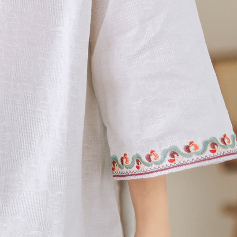 Casual Jacquard Frog-Button Women's Crew Neck Design Three Quarter Sleeve Cotton Linen Shirt