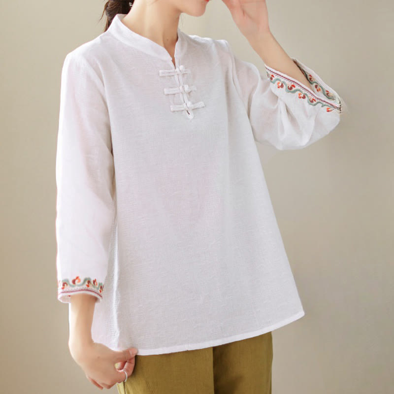 Casual Jacquard Frog-Button Women's Crew Neck Design Three Quarter Sleeve Cotton Linen Shirt