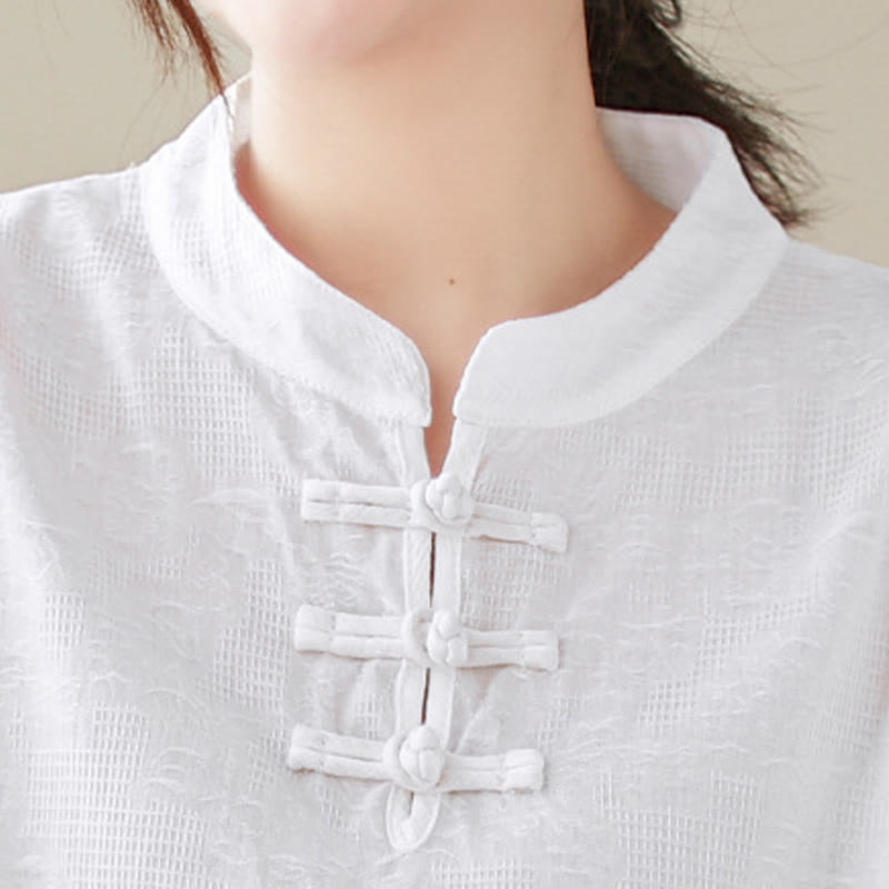 Casual Jacquard Frog-Button Women's Crew Neck Design Three Quarter Sleeve Cotton Linen Shirt