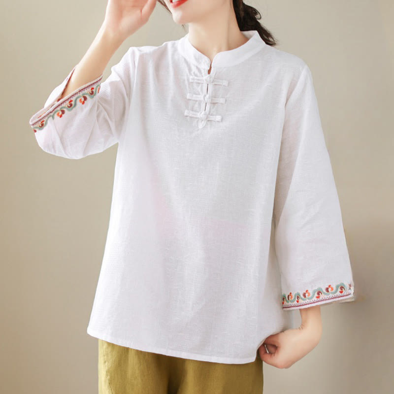 Casual Jacquard Frog-Button Women's Crew Neck Design Three Quarter Sleeve Cotton Linen Shirt