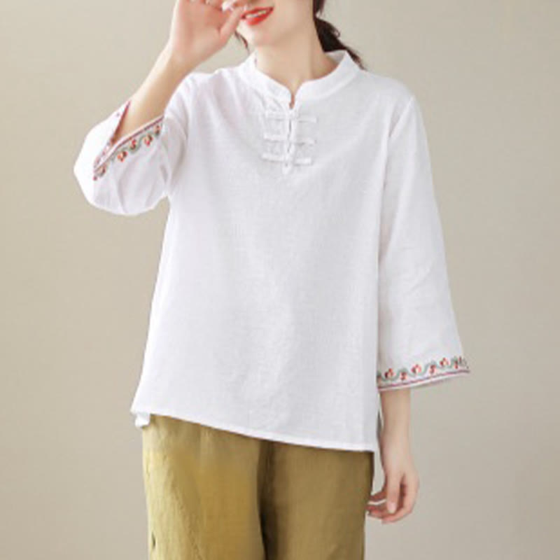 Casual Jacquard Frog-Button Women's Crew Neck Design Three Quarter Sleeve Cotton Linen Shirt