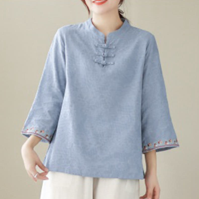 Casual Jacquard Frog-Button Women's Crew Neck Design Three Quarter Sleeve Cotton Linen Shirt
