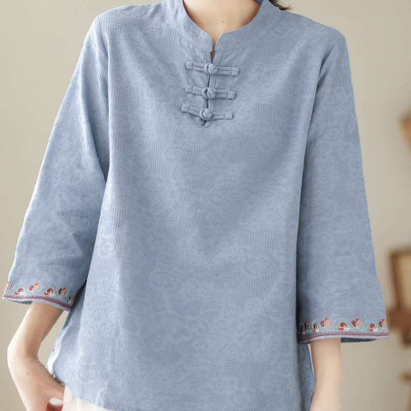 Casual Jacquard Frog-Button Women's Crew Neck Design Three Quarter Sleeve Cotton Linen Shirt