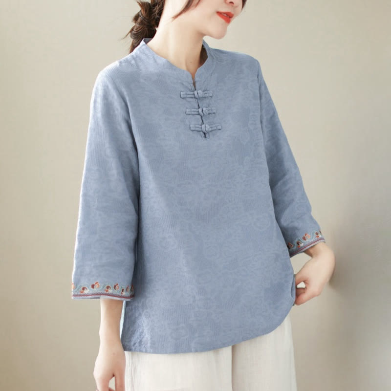 Casual Jacquard Frog-Button Women's Crew Neck Design Three Quarter Sleeve Cotton Linen Shirt