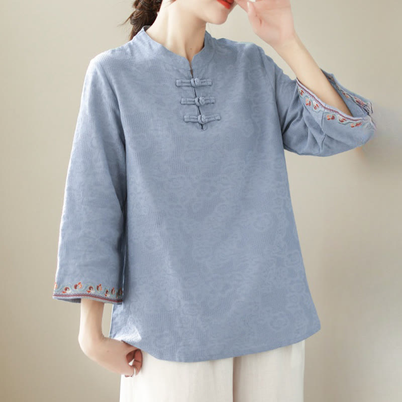 Casual Jacquard Frog-Button Women's Crew Neck Design Three Quarter Sleeve Cotton Linen Shirt