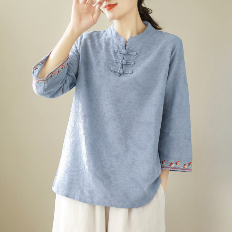 Casual Jacquard Frog-Button Women's Crew Neck Design Three Quarter Sleeve Cotton Linen Shirt