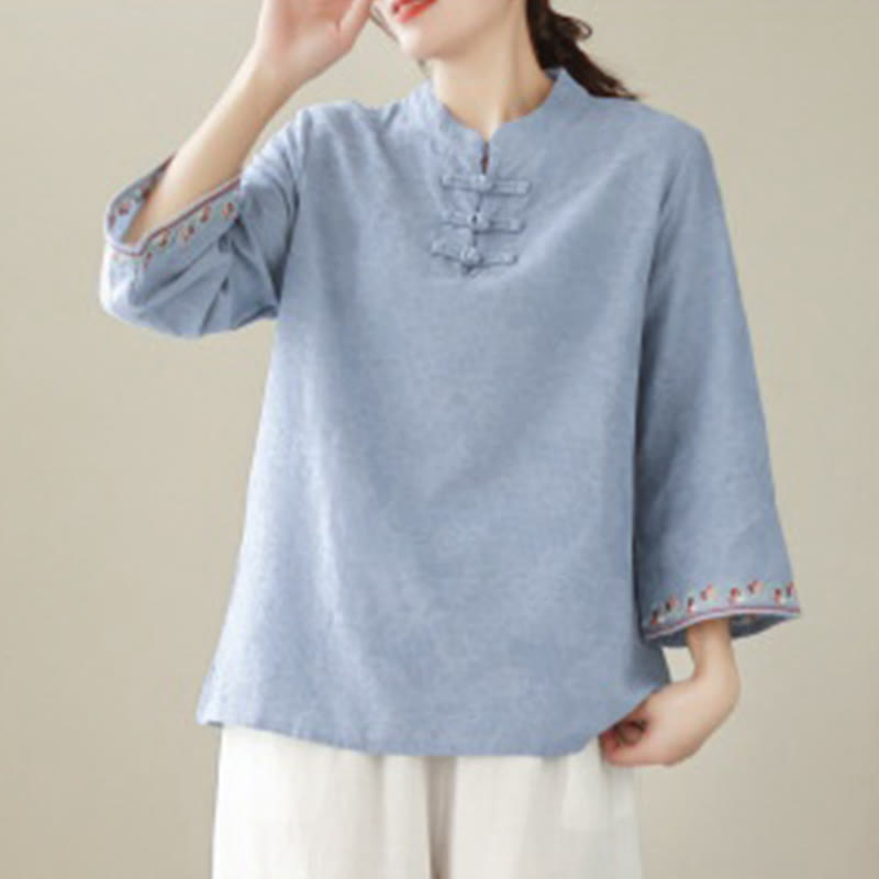 Casual Jacquard Frog-Button Women's Crew Neck Design Three Quarter Sleeve Cotton Linen Shirt