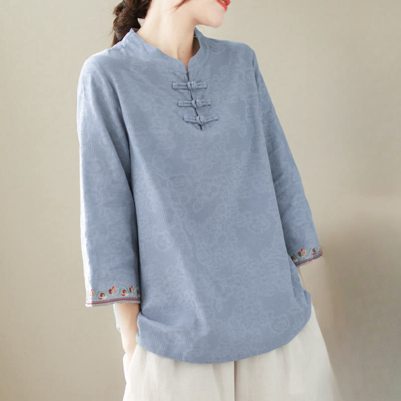Casual Jacquard Frog-Button Women's Crew Neck Design Three Quarter Sleeve Cotton Linen Shirt