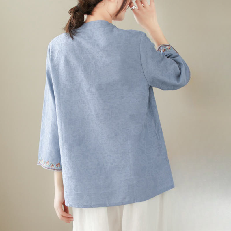 Casual Jacquard Frog-Button Women's Crew Neck Design Three Quarter Sleeve Cotton Linen Shirt