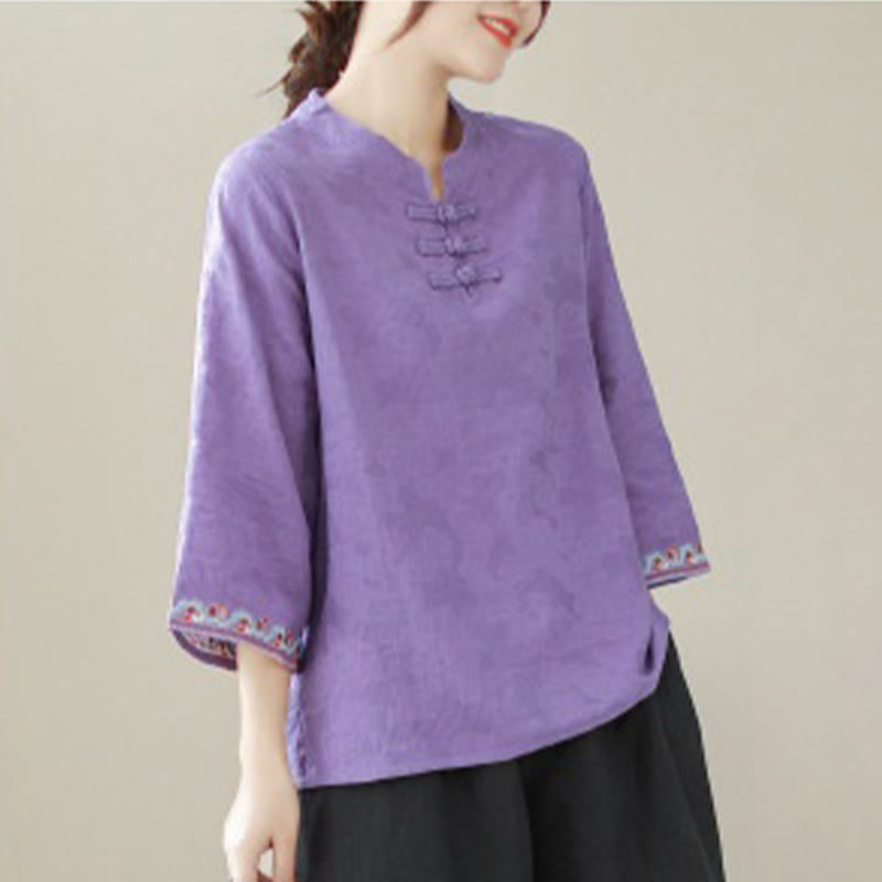 Casual Jacquard Frog-Button Women's Crew Neck Design Three Quarter Sleeve Cotton Linen Shirt