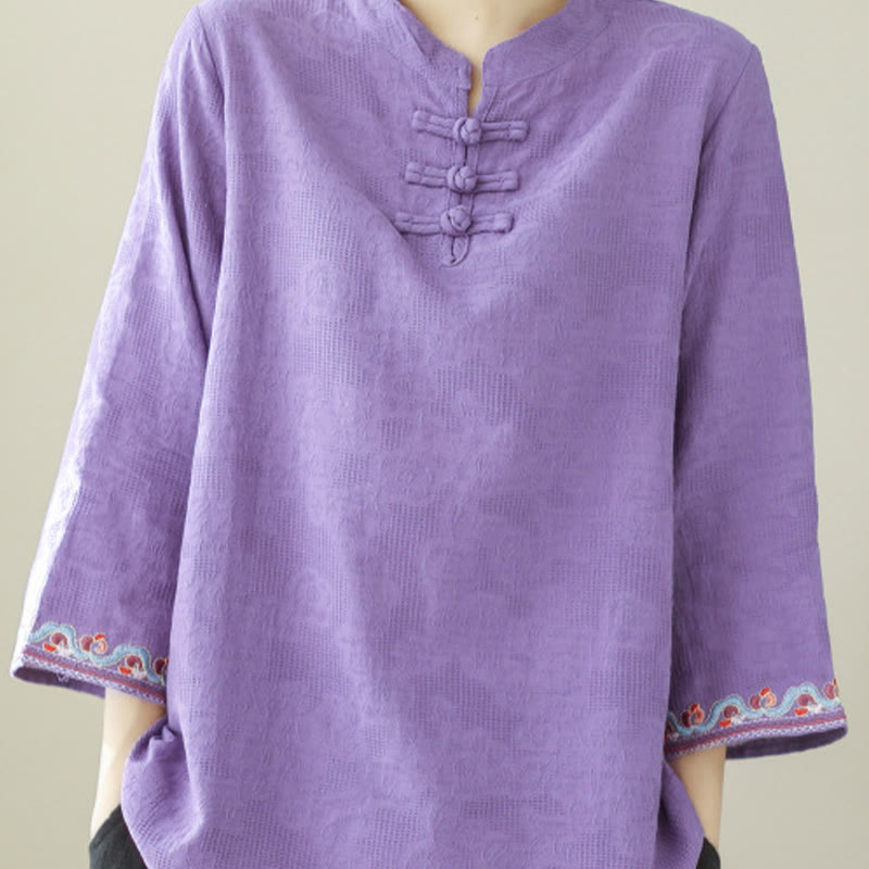 Casual Jacquard Frog-Button Women's Crew Neck Design Three Quarter Sleeve Cotton Linen Shirt
