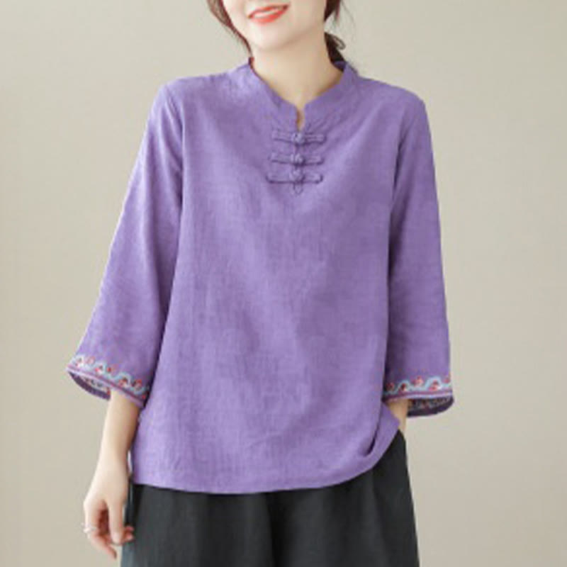 Casual Jacquard Frog-Button Women's Crew Neck Design Three Quarter Sleeve Cotton Linen Shirt