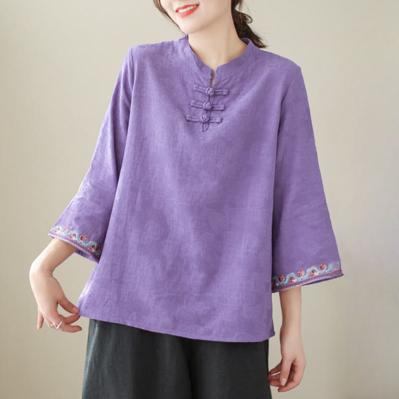 Casual Jacquard Frog-Button Women's Crew Neck Design Three Quarter Sleeve Cotton Linen Shirt