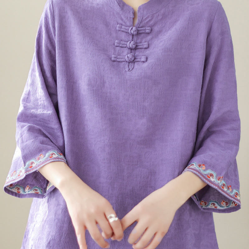 Casual Jacquard Frog-Button Women's Crew Neck Design Three Quarter Sleeve Cotton Linen Shirt