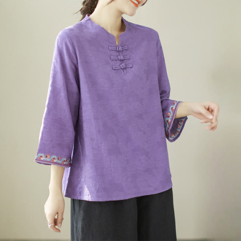 Casual Jacquard Frog-Button Women's Crew Neck Design Three Quarter Sleeve Cotton Linen Shirt