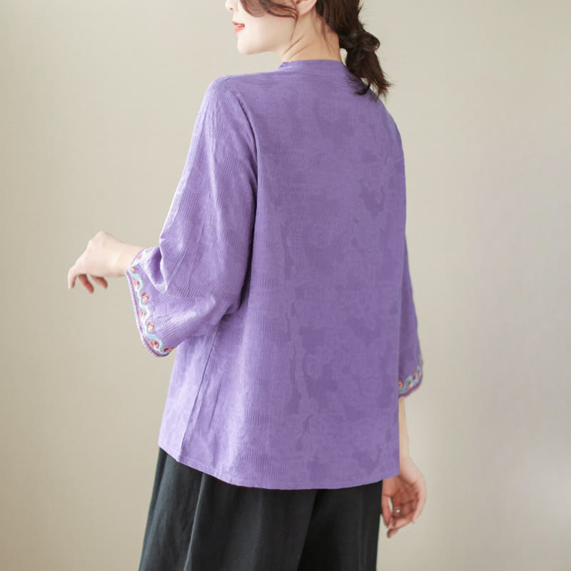 Casual Jacquard Frog-Button Women's Crew Neck Design Three Quarter Sleeve Cotton Linen Shirt