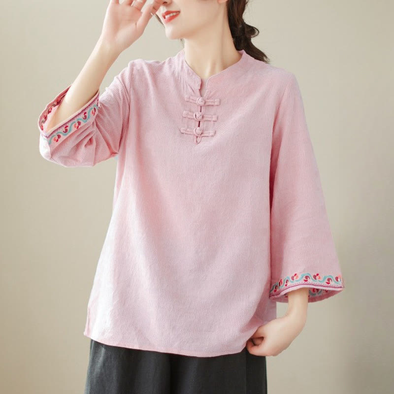 Casual Jacquard Frog-Button Women's Crew Neck Design Three Quarter Sleeve Cotton Linen Shirt