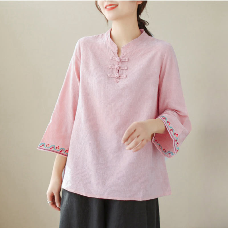 Casual Jacquard Frog-Button Women's Crew Neck Design Three Quarter Sleeve Cotton Linen Shirt
