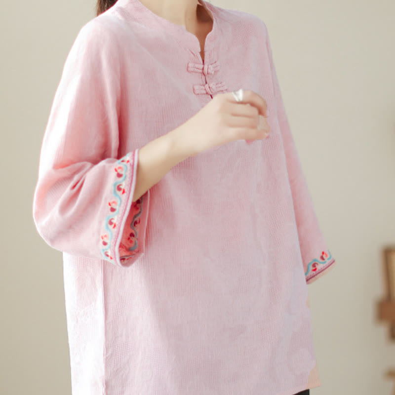 Casual Jacquard Frog-Button Women's Crew Neck Design Three Quarter Sleeve Cotton Linen Shirt