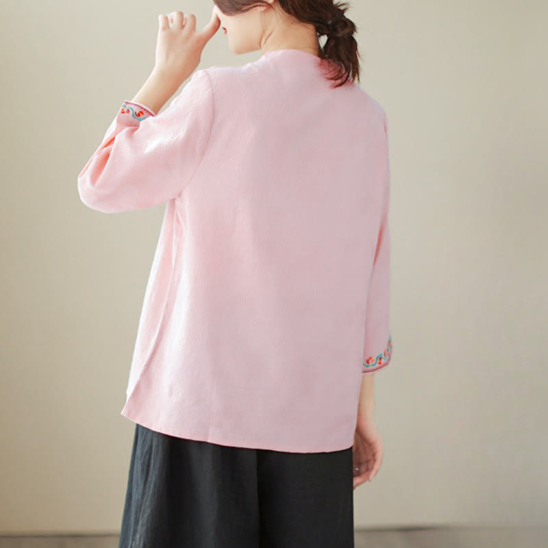 Casual Jacquard Frog-Button Women's Crew Neck Design Three Quarter Sleeve Cotton Linen Shirt