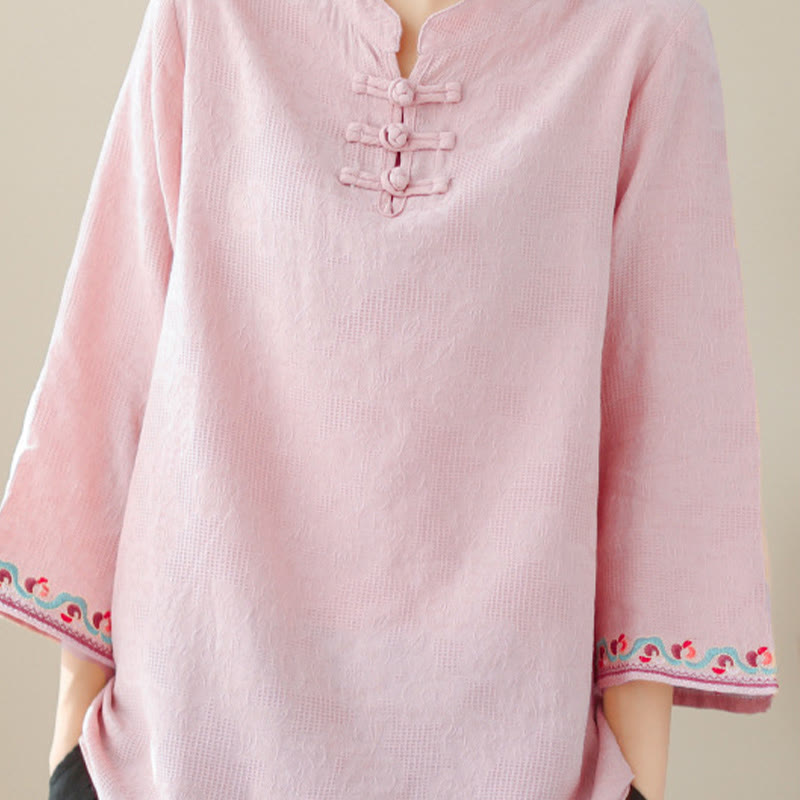 Casual Jacquard Frog-Button Women's Crew Neck Design Three Quarter Sleeve Cotton Linen Shirt