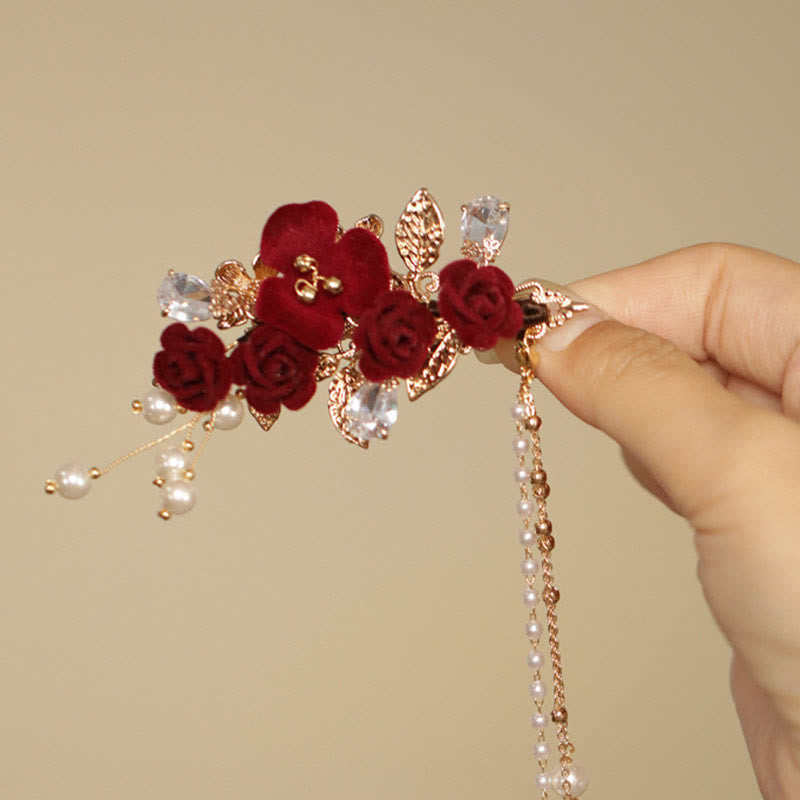 Retro Chinese Style Copper Red Camellia Flower Tassel Side Hair Clip