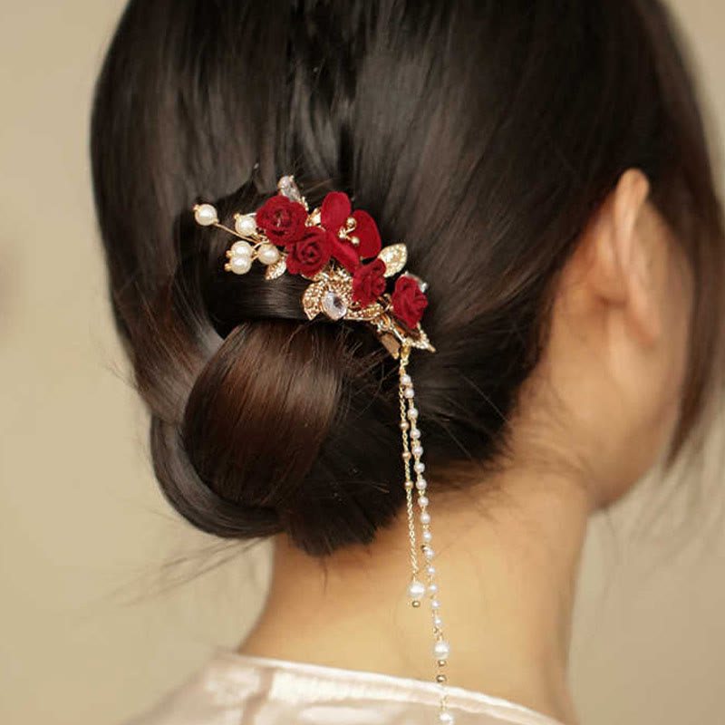 Retro Chinese Style Copper Red Camellia Flower Tassel Side Hair Clip