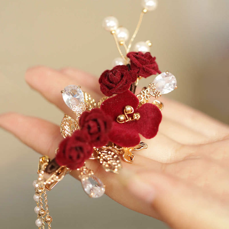 Retro Chinese Style Copper Red Camellia Flower Tassel Side Hair Clip