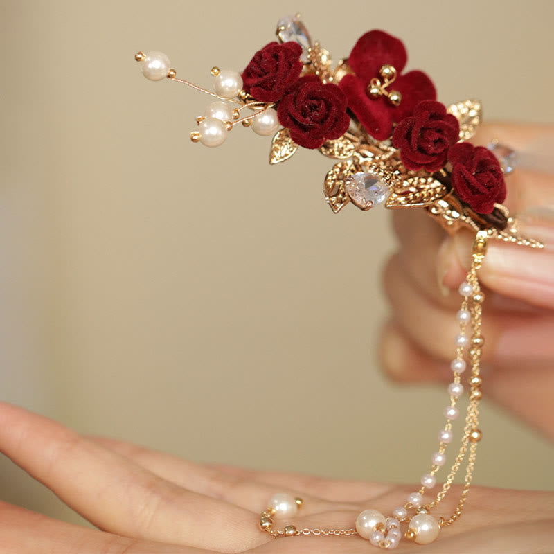 Retro Chinese Style Copper Red Camellia Flower Tassel Side Hair Clip