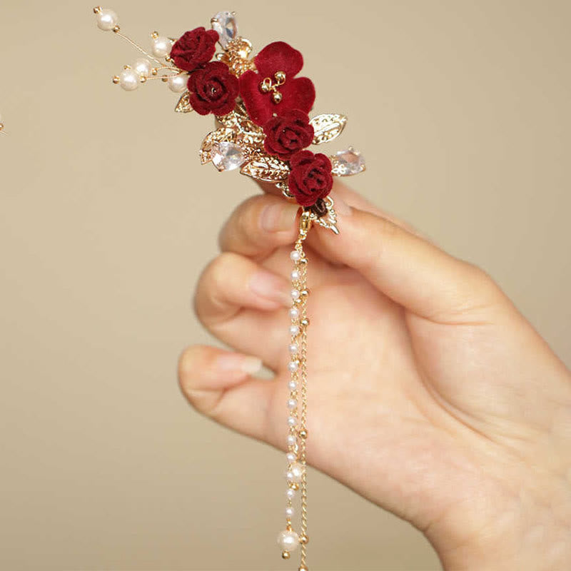 Retro Chinese Style Copper Red Camellia Flower Tassel Side Hair Clip