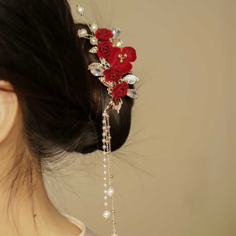 Retro Chinese Style Copper Red Camellia Flower Tassel Side Hair Clip
