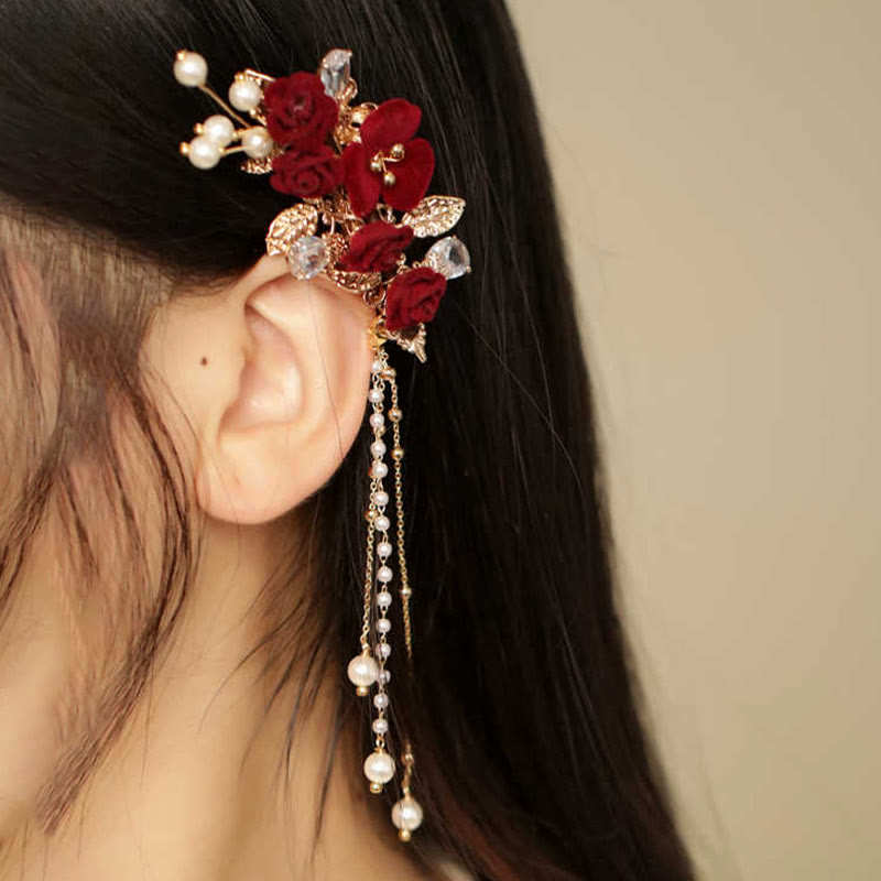 Retro Chinese Style Copper Red Camellia Flower Tassel Side Hair Clip
