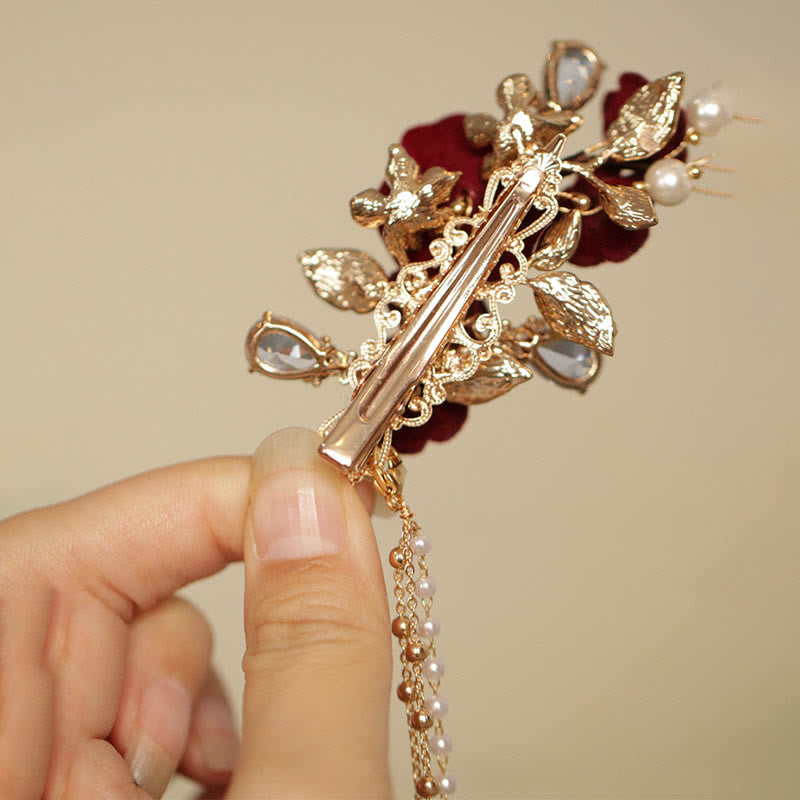 Retro Chinese Style Copper Red Camellia Flower Tassel Side Hair Clip