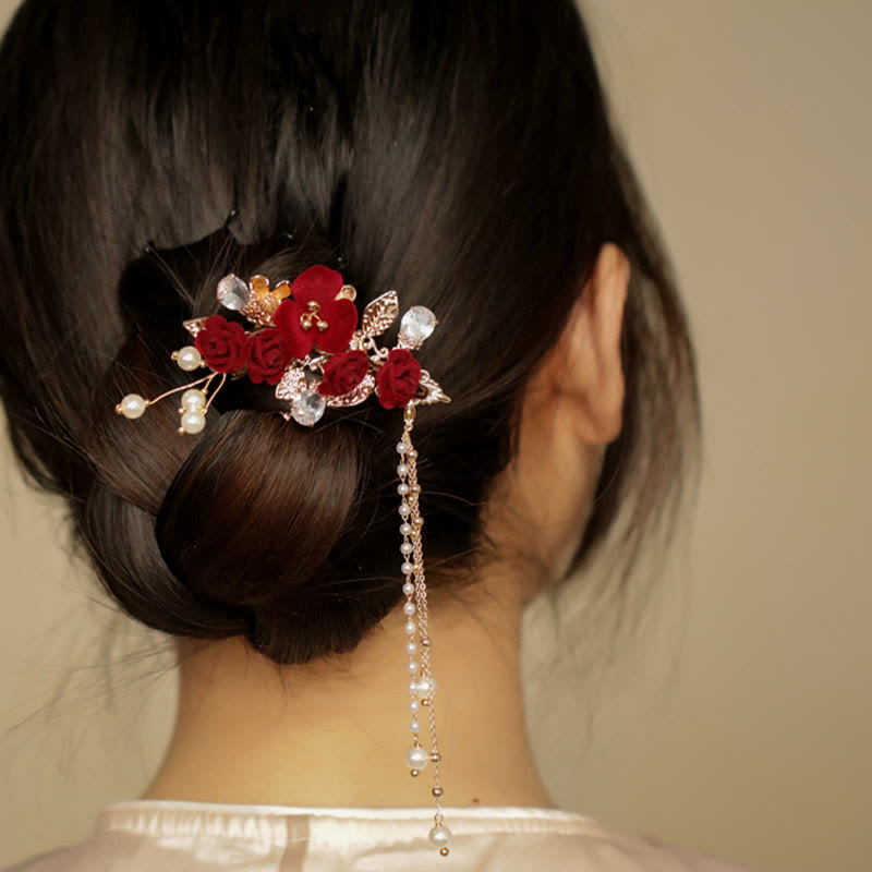 Retro Chinese Style Copper Red Camellia Flower Tassel Side Hair Clip