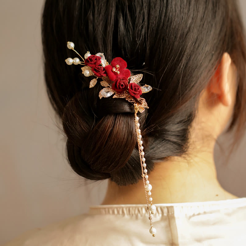 Retro Chinese Style Copper Red Camellia Flower Tassel Side Hair Clip