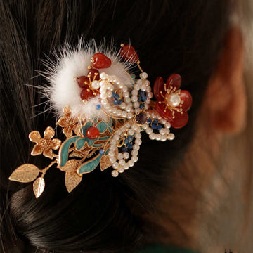 Classical Chinese Style Red Flower Butterfly Pearl Hair Clip