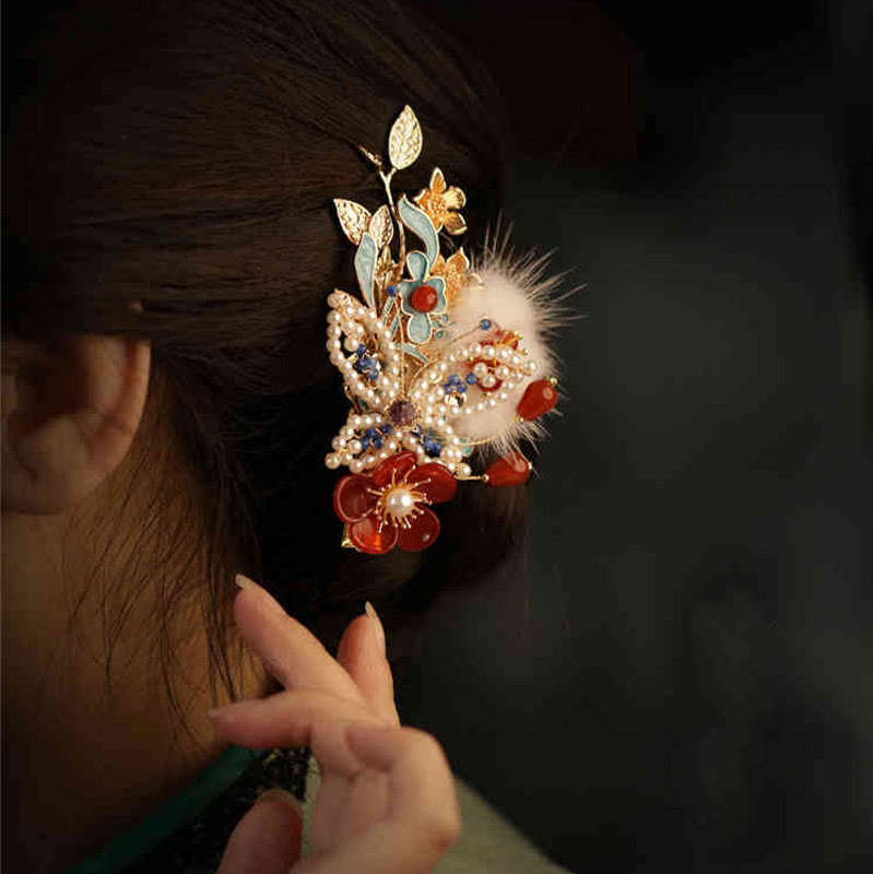 Classical Chinese Style Red Flower Butterfly Pearl Hair Clip