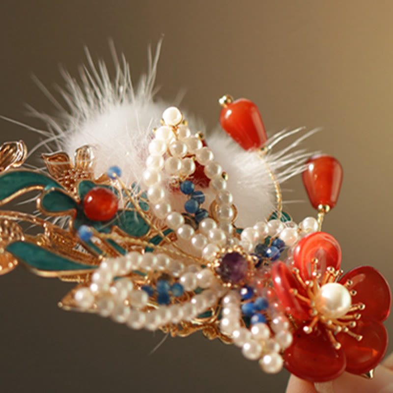 Classical Chinese Style Red Flower Butterfly Pearl Hair Clip