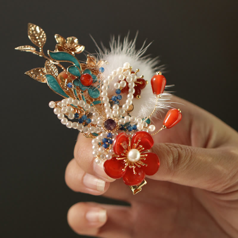 Classical Chinese Style Red Flower Butterfly Pearl Hair Clip