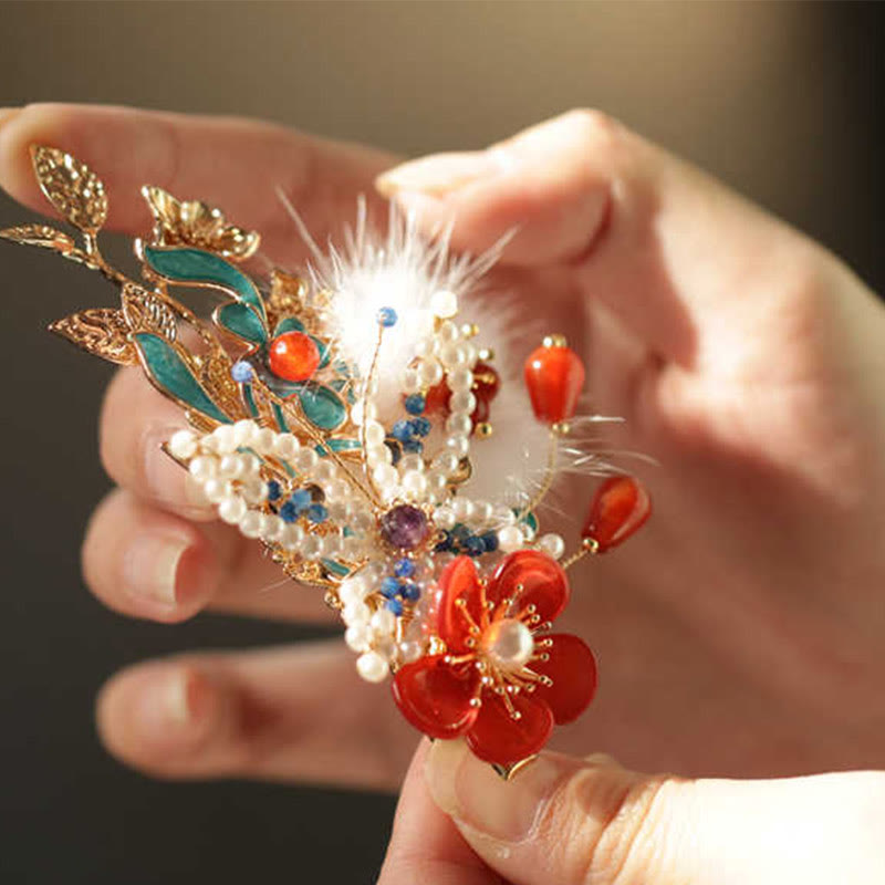 Classical Chinese Style Red Flower Butterfly Pearl Hair Clip