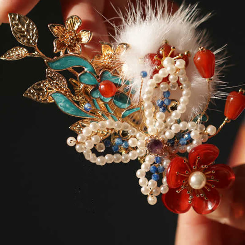 Classical Chinese Style Red Flower Butterfly Pearl Hair Clip