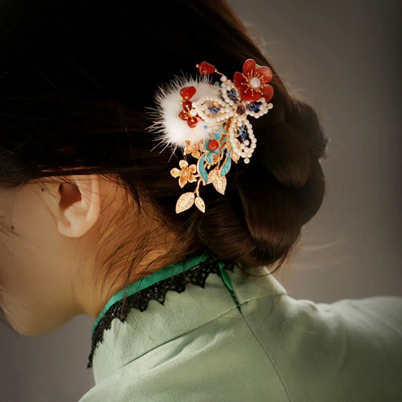 Classical Chinese Style Red Flower Butterfly Pearl Hair Clip