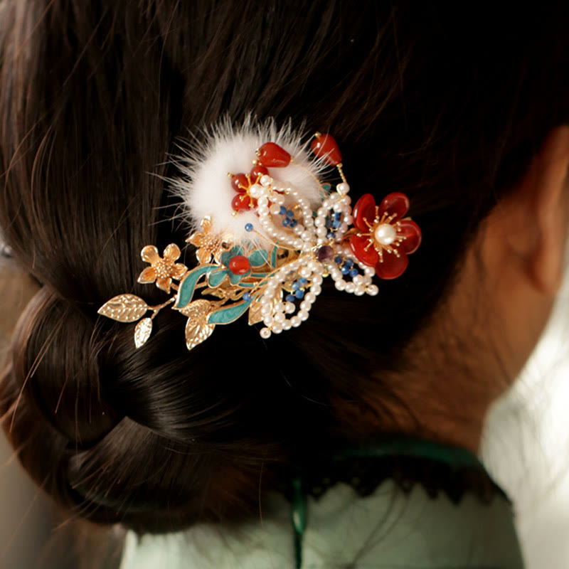 Classical Chinese Style Red Flower Butterfly Pearl Hair Clip