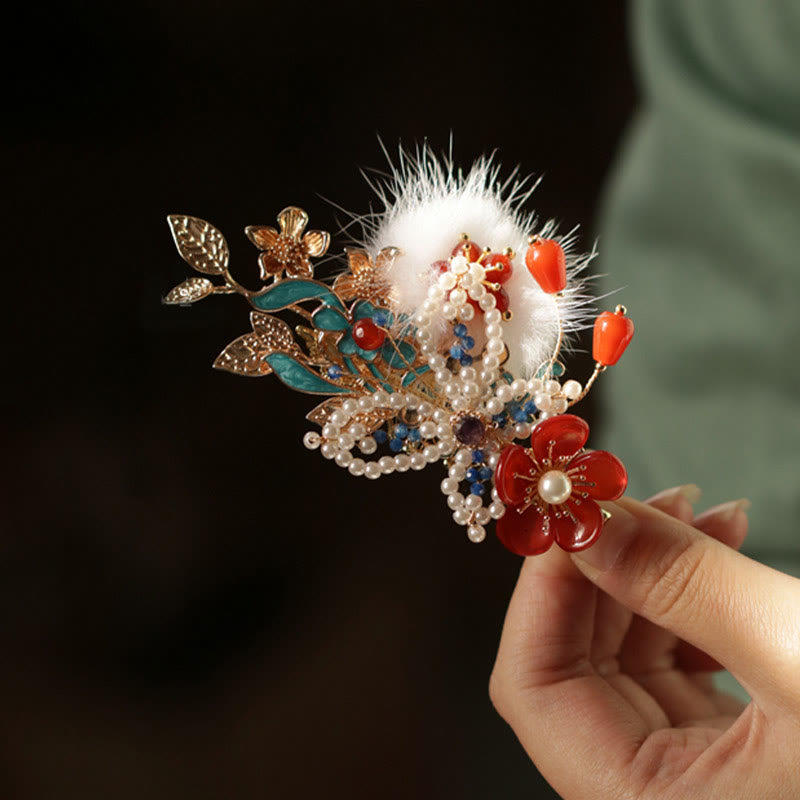 Classical Chinese Style Red Flower Butterfly Pearl Hair Clip