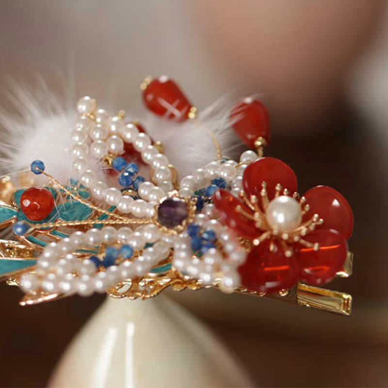 Classical Chinese Style Red Flower Butterfly Pearl Hair Clip