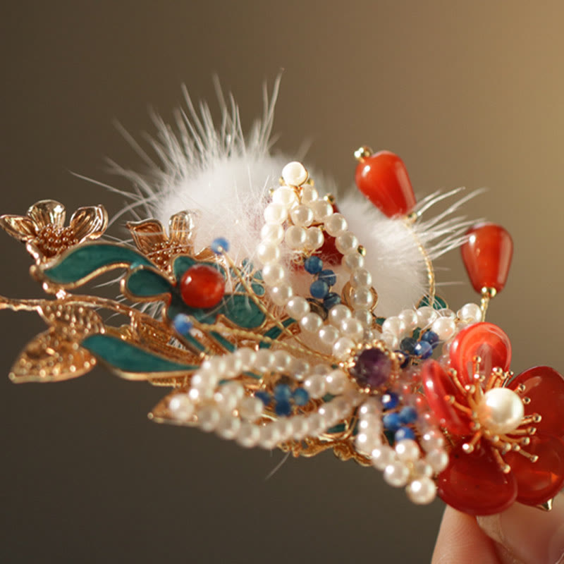 Classical Chinese Style Red Flower Butterfly Pearl Hair Clip