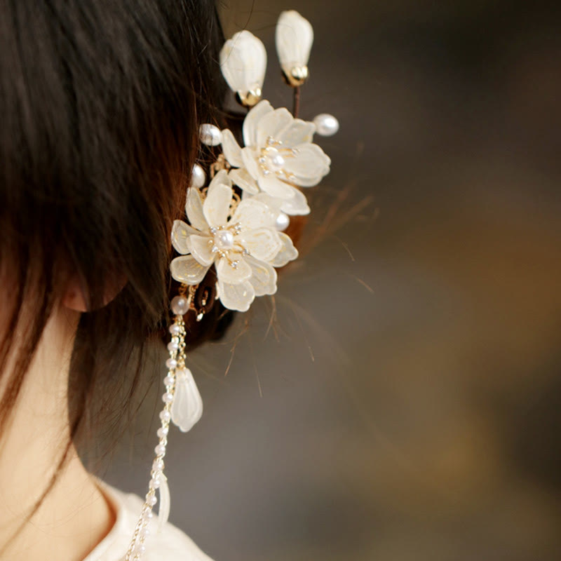 Classical Magnolia and Pearl Tassel Side Hair Clip for Elegant Styling